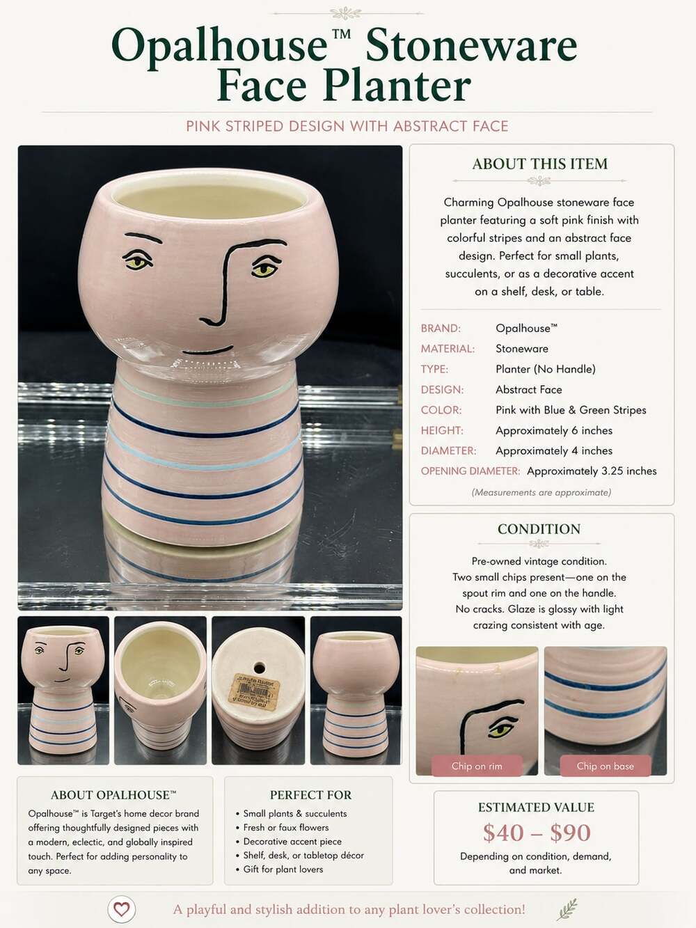 Opalhouse Stoneware Face Planter Pink Striped Abstract Face